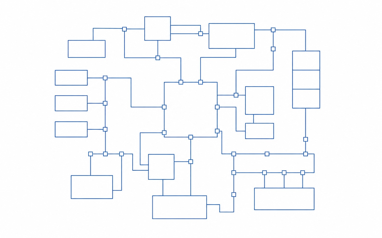 Abstract systems architecture schematic, blue line work on white