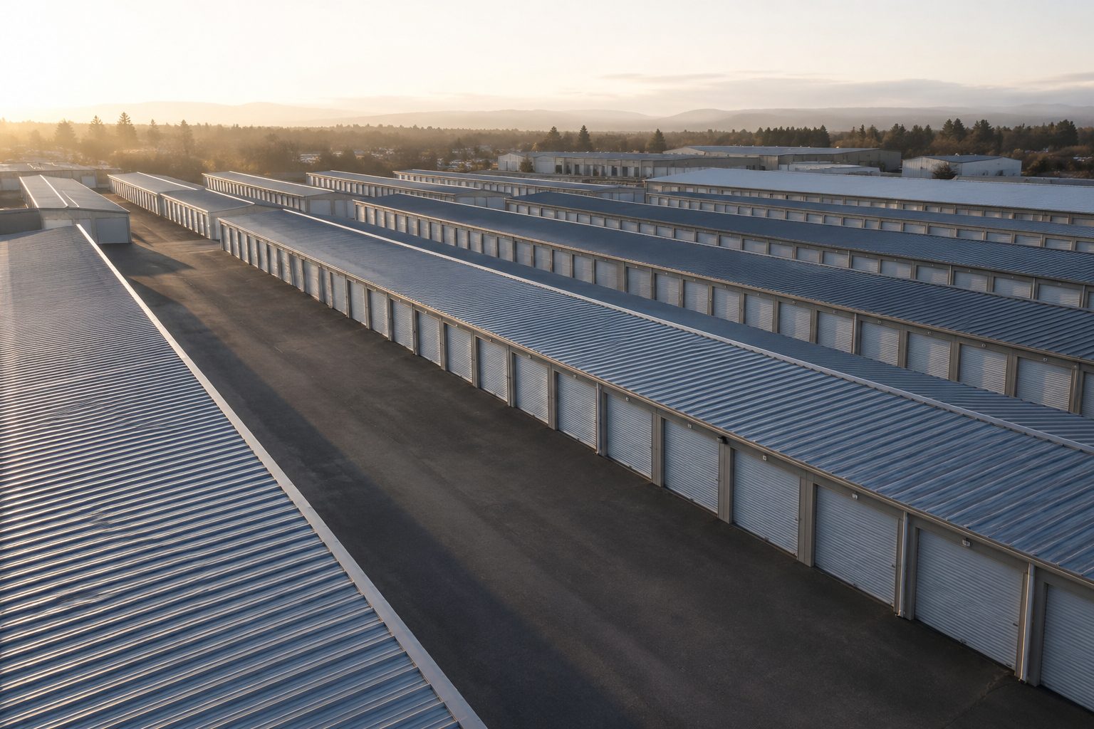 Rows of storage buildings at a large self-storage facility, seen from above at dawn