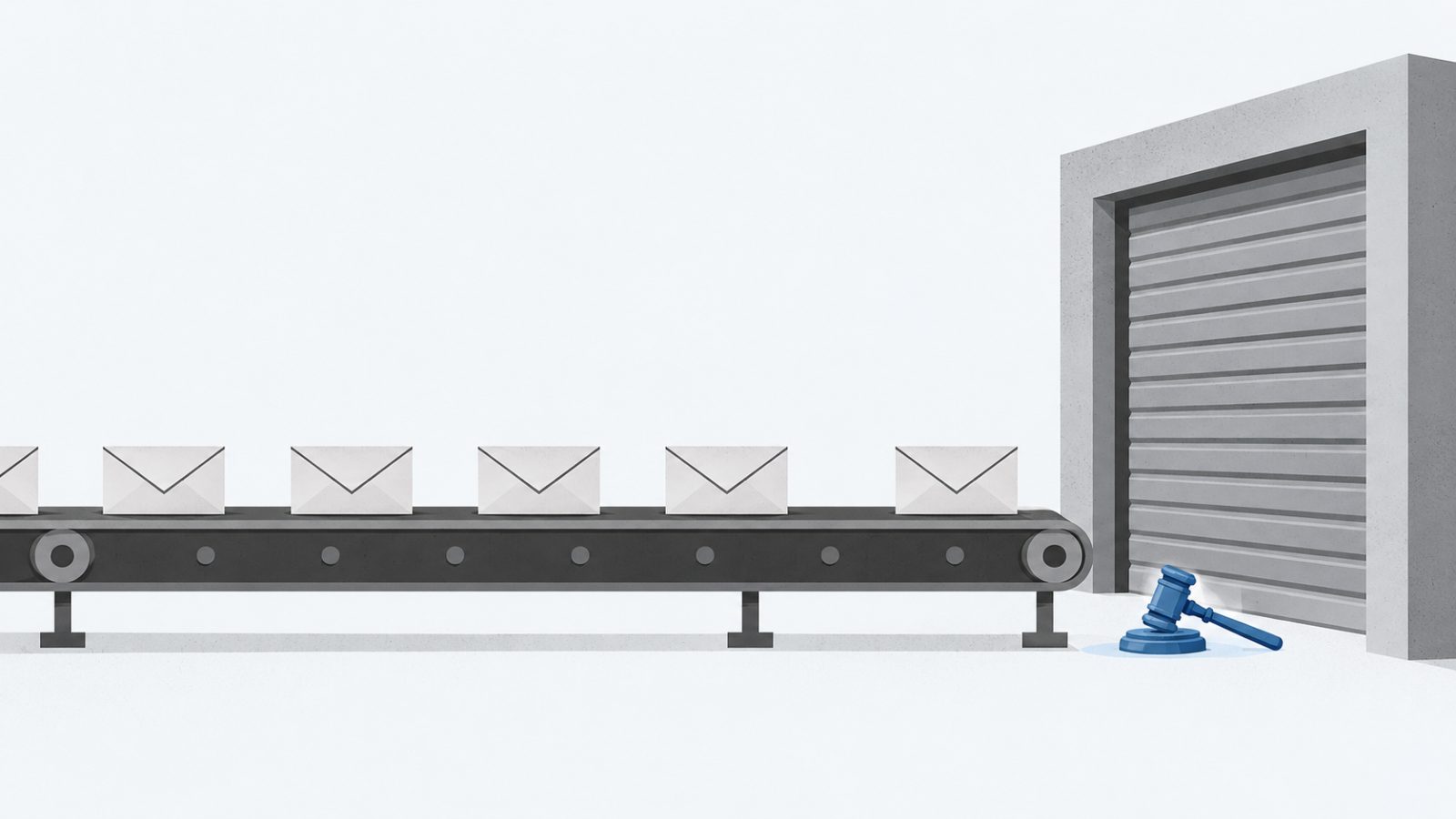 Notice envelopes riding an automated conveyor toward a storage unit door, ending at a single gavel
